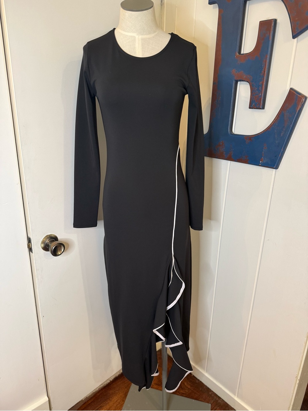 Zara Black Long Sleeve Ruffle-Trim Maxi Dress with White Piping Sz S
